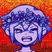 a pixel art of a girl with a flower crown on her head crying .