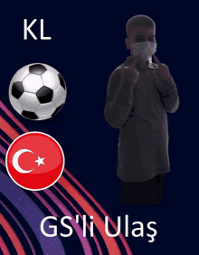 a man wearing a face mask giving the middle finger next to a soccer ball and gs 'li ulas