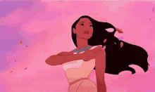 pocahontas from disney 's pocahontas is standing in front of a pink sky with her hair blowing in the wind .