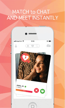 a phone screen says match to chat and meet instantly on it