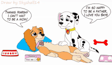 a cartoon of a dog laying down with a pregnancy test in front of her