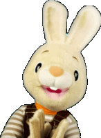 a stuffed bunny wearing a brown and white striped vest