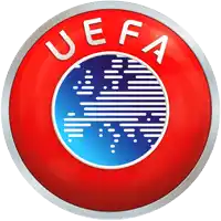 a red and silver uefa logo with a blue circle in the center