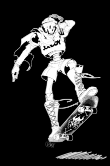 a black and white drawing of a skeleton riding a skateboard .