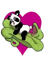 a panda bear is laying on top of a green snake in front of a pink heart