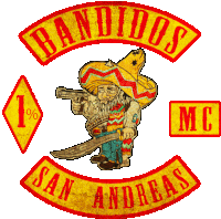 a logo for the bandidos san andreas mc with a man in a sombrero holding a gun and sword