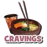 a bowl of food with chopsticks and the word cravings on it