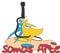 a logo for somos arte shows a guitar a dancer and a palette