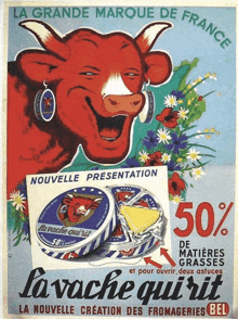 an advertisement for la vache quirit cheese shows a cow with earrings