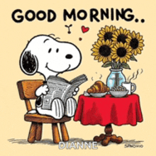 snoopy is reading a newspaper while sitting at a table with sunflowers and a cup of coffee .