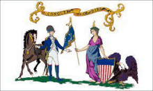 a cartoon of a man holding a flag next to a woman holding a flag and a horse .