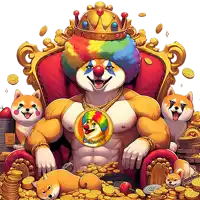 a doge wearing a clown costume is sitting on a throne surrounded by gold coins