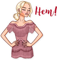 a cartoon drawing of a woman in a dress with the word hem written below her