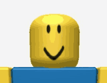 a yellow roblox character with a smiley face and a blue shirt is standing in front of a white background .