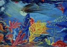 a painting of a woman in a blue dress surrounded by corals