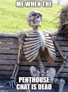 a skeleton is sitting on a wooden bench with the caption " me when the penthouse chat is dead " .