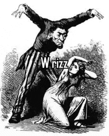 a black and white drawing of a man and a woman with the words wrizz written on the bottom .