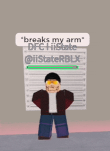 a man in a video game standing in front of a mug shot that says " breaks my arm "