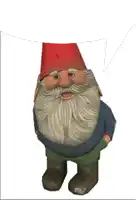 a gnome with a red hat and beard is standing with his hands in his pockets