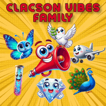 a poster for clacson vibes family features a butterfly diamond and peacock