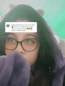 a girl wearing glasses and a purple hoodie has a comment from pixel_nez above her