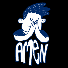 a cartoon of a boy praying with the word amen in the background