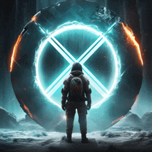 a man with a backpack is standing in front of a glowing circle with an x on it