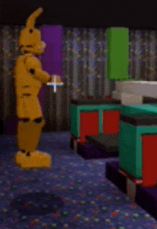 a yellow robot is standing in a room with a blue carpet and a purple curtain .