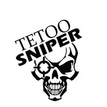 a black and white logo for tetoo sniper with a skull and target