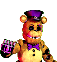 a yellow teddy bear with a purple top hat and a purple bow tie