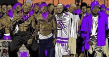 a group of men in purple clothes are standing next to each other in a cartoon .