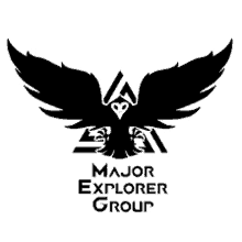 the logo for major explorer group is a black and white eagle with a heart on its head .