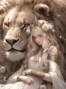 a woman in a white dress is sitting next to a lion with a crown on her head