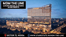 an advertisement for m3m the line luxury retail studio apartments