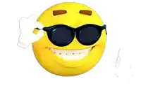 a yellow smiley face wearing sunglasses and a white hand