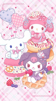 a bunch of cartoon characters on a pink background including cinnamoroll kuromi and melody