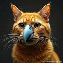 a close up of a cat with a bird 's beak in its mouth