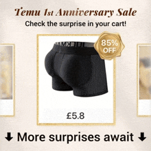 a picture of a pair of boxer shorts with the words temu 1st anniversary sale check the surprise in your cart more surprises await