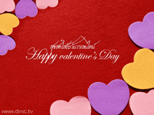 a happy valentine 's day card with hearts on a red background