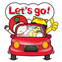 a cartoon illustration of a girl and a cat in a car with the words let 's go