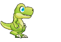 a cartoon drawing of a green dinosaur with blue eyes on a white background