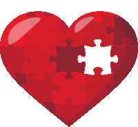 a red heart made up of puzzle pieces with a white puzzle piece in the middle