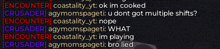 a screenshot of a conversation between crusader and agymomspagetti