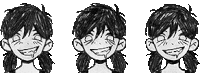 a black and white drawing of a girl with pigtails smiling .