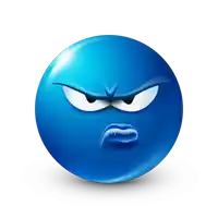 a blue smiley face with an angry expression on its face