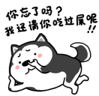 a cartoon of a husky dog laying down with chinese writing