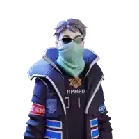 a man wearing sunglasses and a jacket that says rpmpd on it