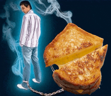 a man is chained to a grilled cheese sandwich with smoke coming out of it