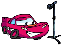 a cartoon drawing of a pink lightning mcqueen car next to a microphone