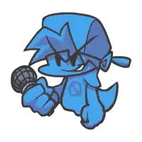 a blue cartoon character is holding a microphone and has a no sign on his chest